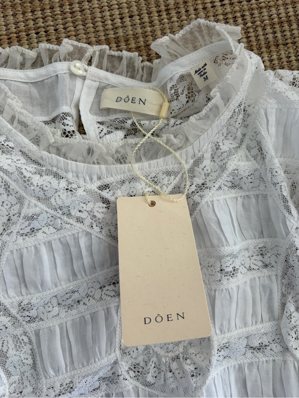 NWT Doen Jacquette Ramie Lace Ruffle Shirred Long Sleeve Mini Dress Salt White - Picture 11 of 16
